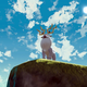 A screenshot from Pokémon Legends: Arceus depicting a Wyrdeer with two golden horns standing atop a big cliff.